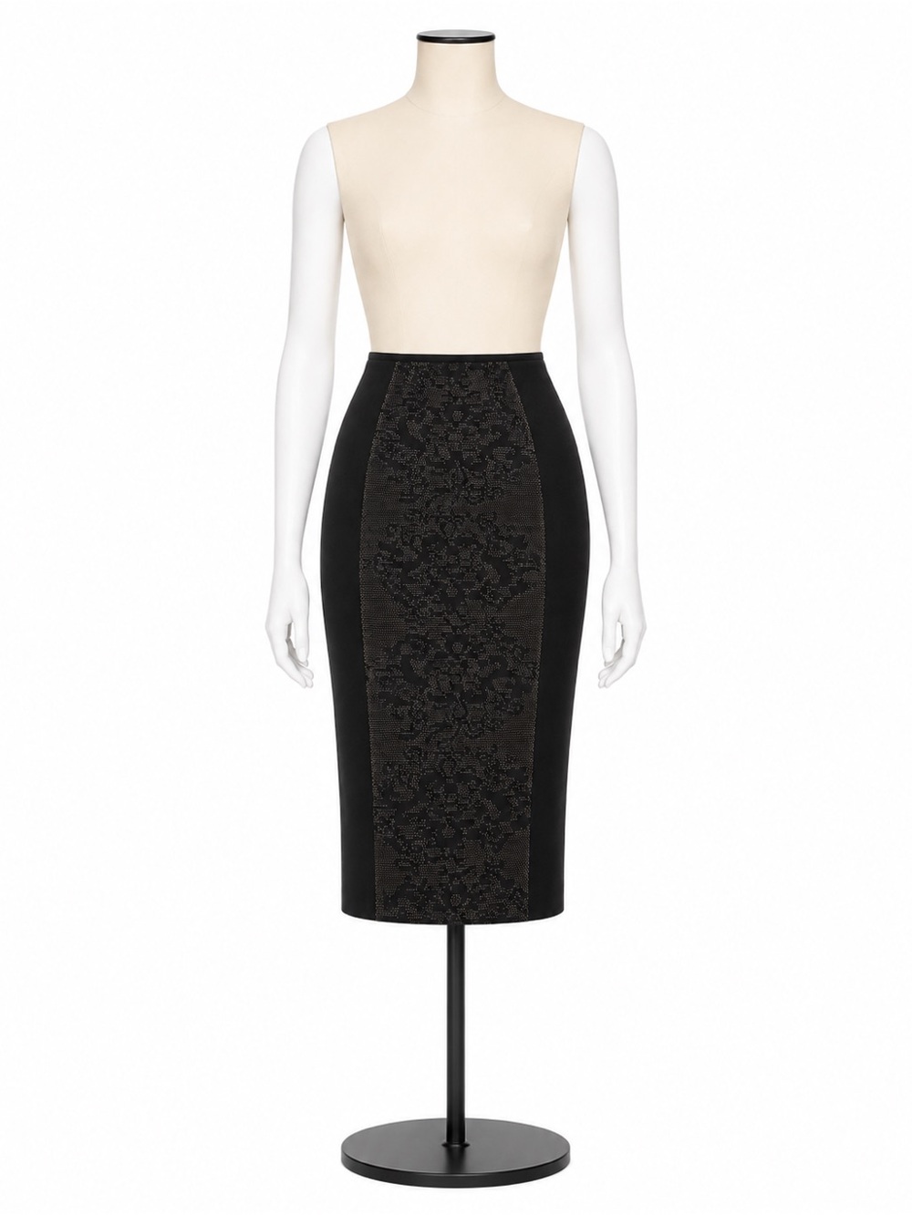 Black Lace-Panel High-Waist Pencil Skirt
